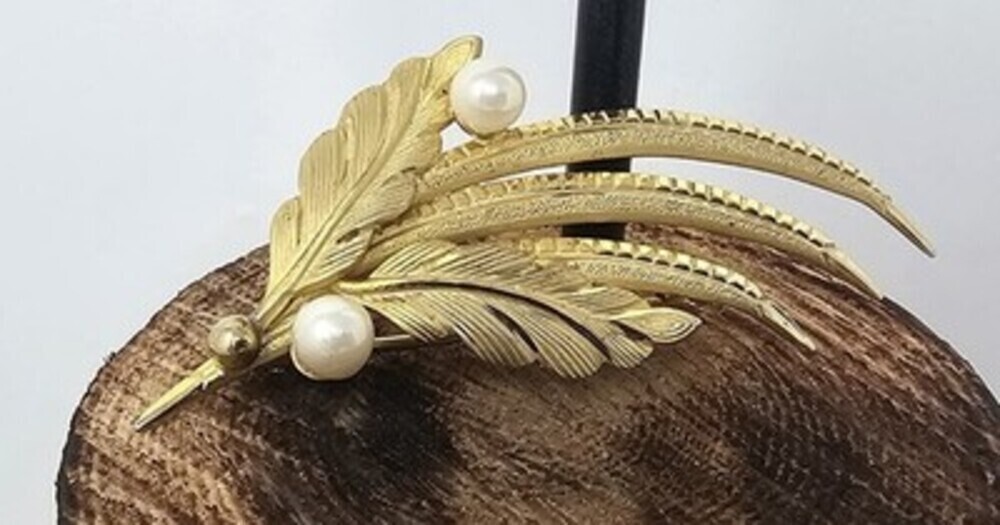 Vintage CC Curtis Creations 1/20 12k Gold Filled Faux Pearl Pin Leaf Brooch 2.5"